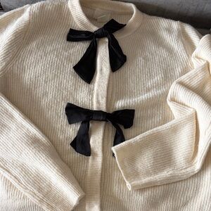 Cream Knit Cardigan with Black Ribbon Bows